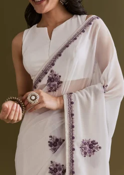 White Georgette Saree With Kashmiri Bud Embroidery