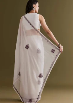 White Georgette Saree With Kashmiri Bud Embroidery