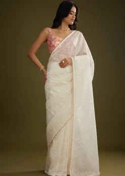 White Glass Tissue Embroidered Saree With Contrast Blouse