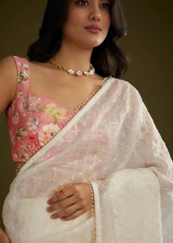 White Glass Tissue Embroidered Saree With Contrast Blouse