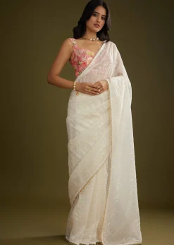 White Glass Tissue Embroidered Saree With Contrast Blouse