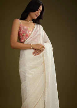 White Glass Tissue Embroidered Saree With Contrast Blouse