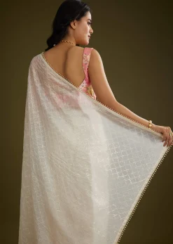White Glass Tissue Embroidered Saree With Contrast Blouse