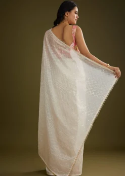 White Glass Tissue Embroidered Saree With Contrast Blouse