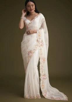 White Glass Tissue Saree With Floral Embroidery