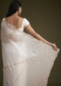 White Glass Tissue Saree With Floral Embroidery