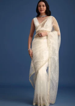 White Glass Tissue Saree With Sequin Embellishments