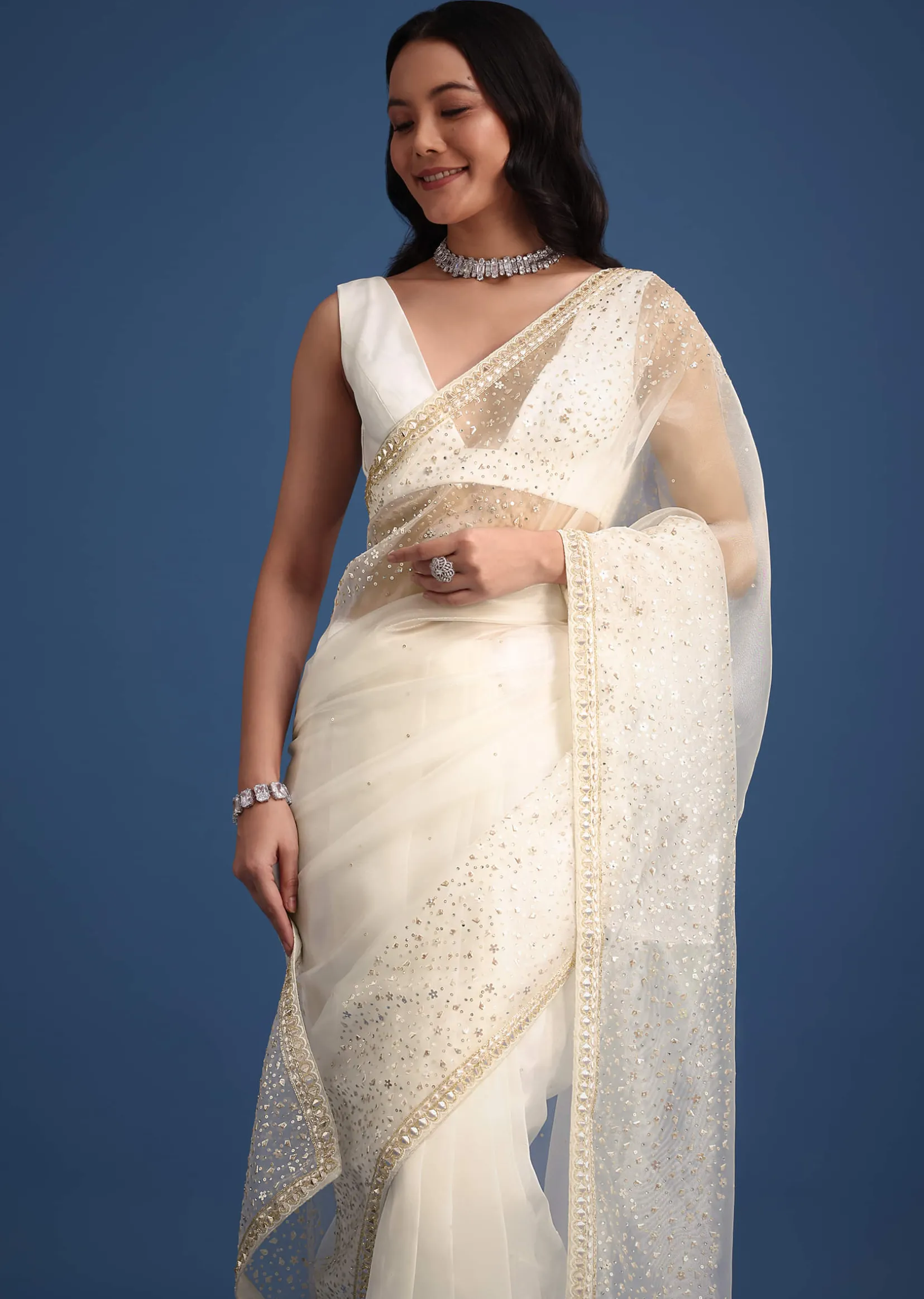 White Glass Tissue Saree With Sequin Embellishments
