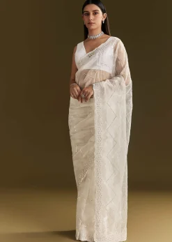 White Glass Tissue Saree With Sequins Embroidery And Scallop Border