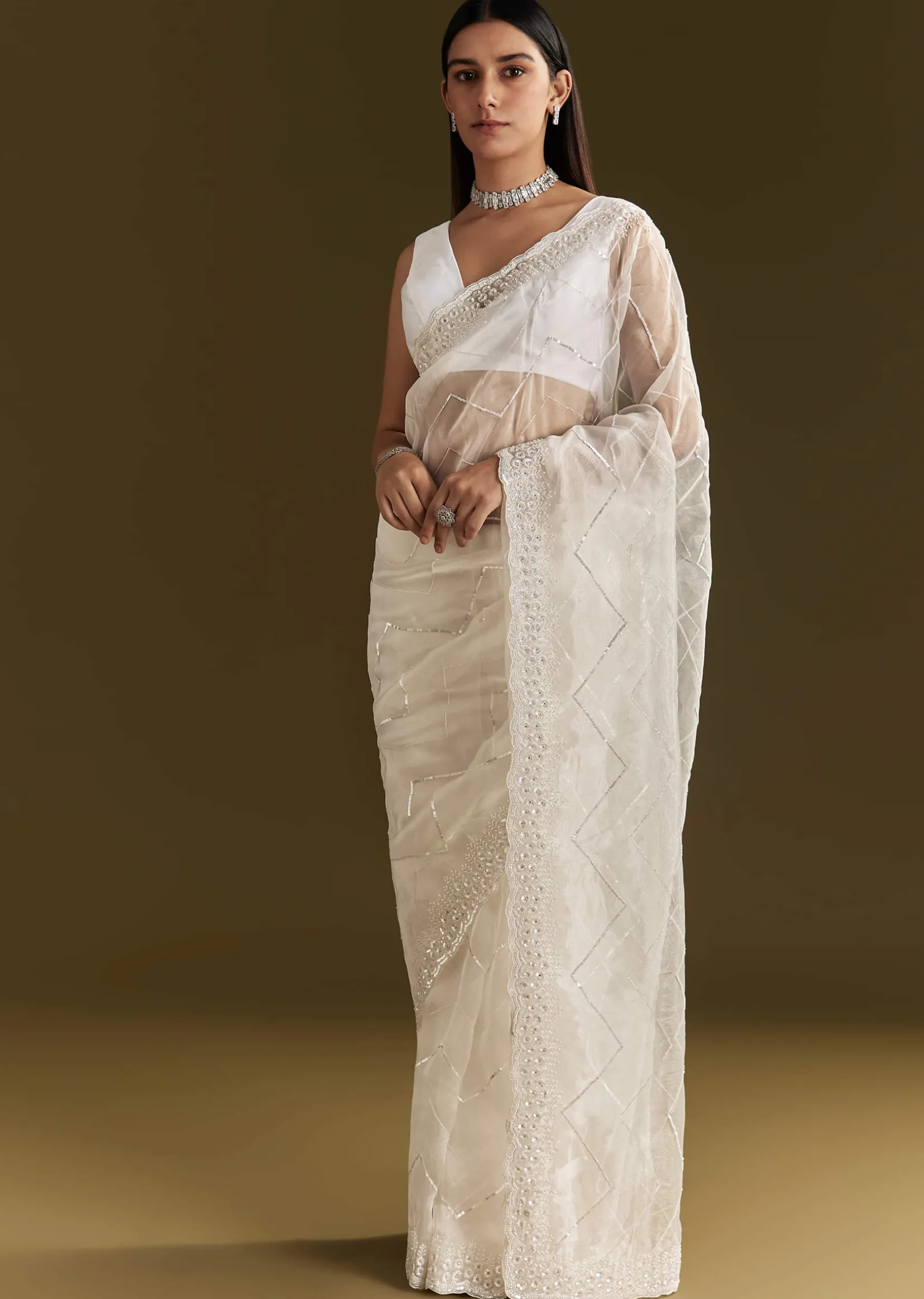 White Glass Tissue Saree With Sequins Embroidery And Scallop Border