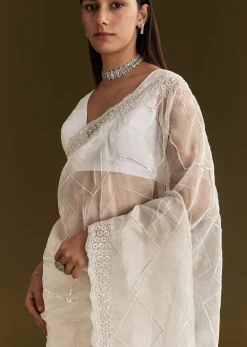 White Glass Tissue Saree With Sequins Embroidery And Scallop Border