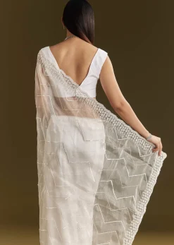 White Glass Tissue Saree With Sequins Embroidery And Scallop Border