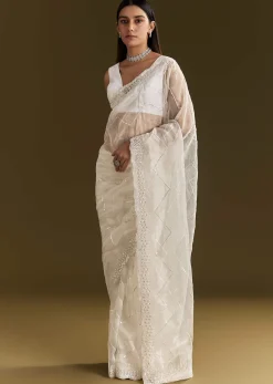 White Glass Tissue Saree With Sequins Embroidery And Scallop Border