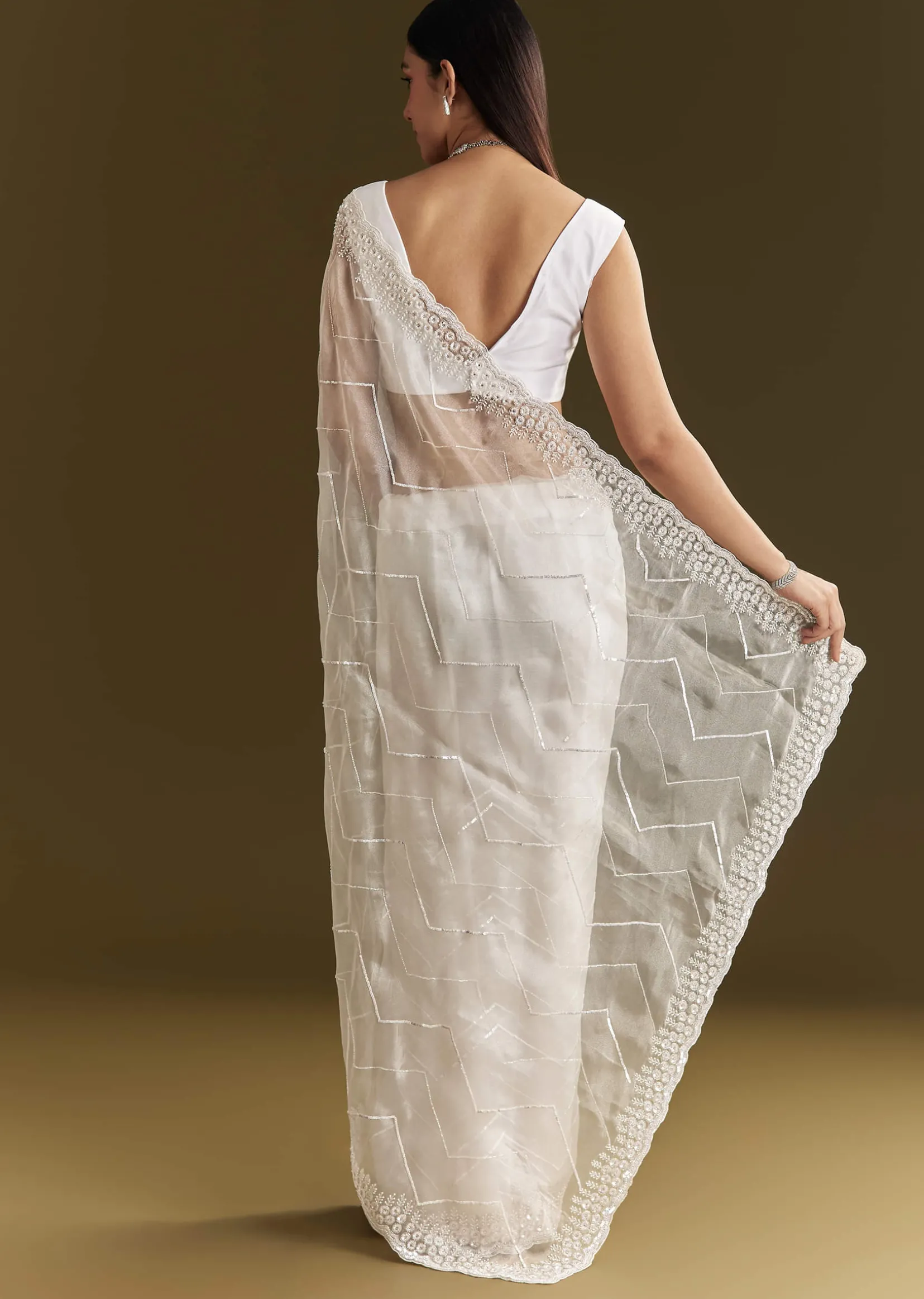 White Glass Tissue Saree With Sequins Embroidery And Scallop Border