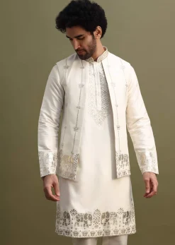 White Gold Foil Apllique Work On Kurta Jacket Set