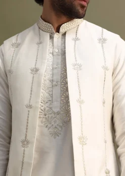White Gold Foil Apllique Work On Kurta Jacket Set