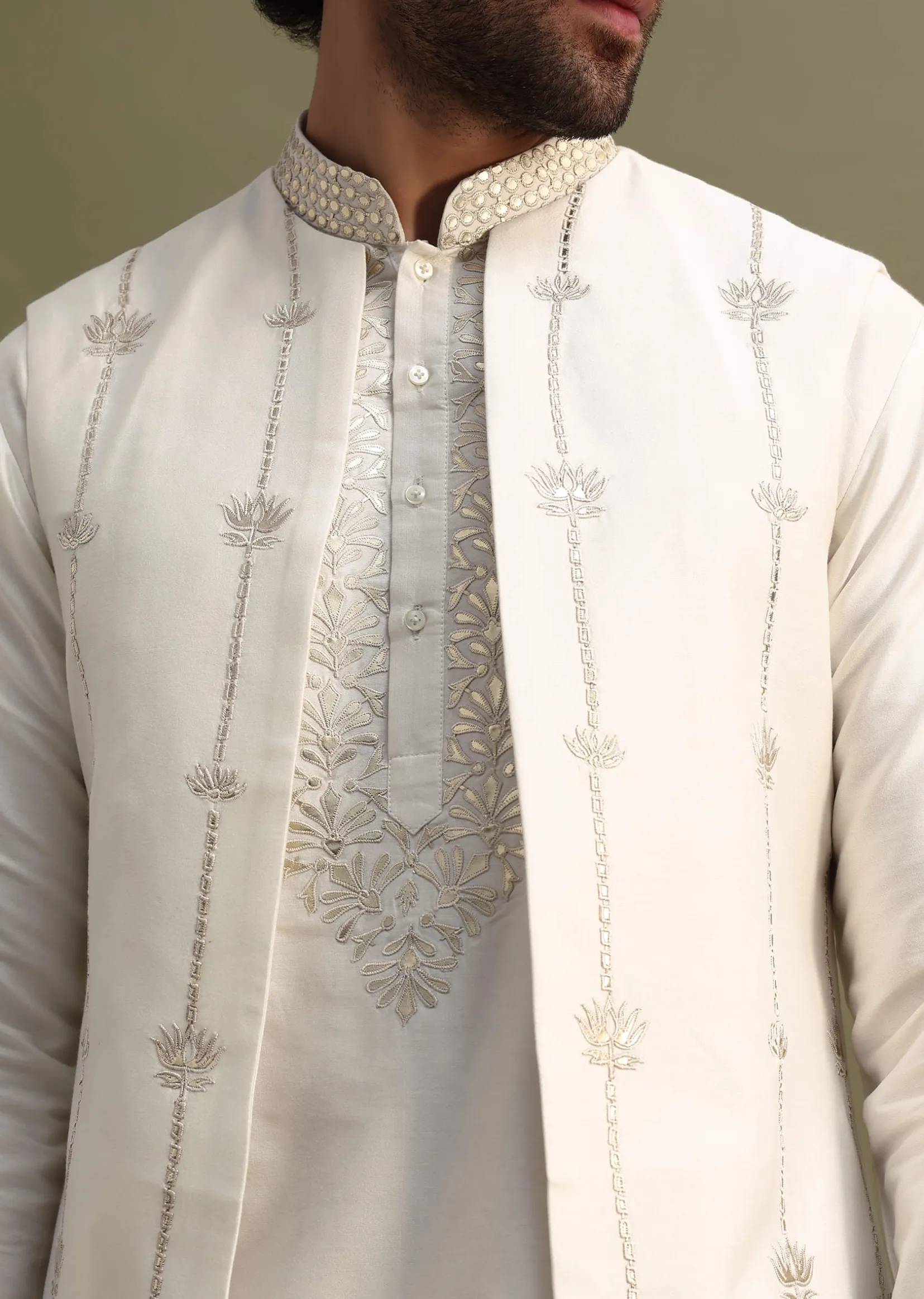 White Gold Foil Apllique Work On Kurta Jacket Set