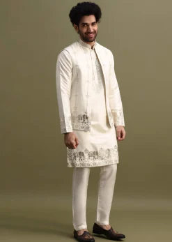 White Gold Foil Apllique Work On Kurta Jacket Set