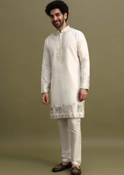 White Gold Foil Apllique Work On Kurta Jacket Set