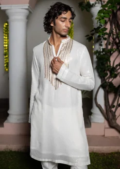 White Gold Sequin Kurta With Loose Fitted Pants