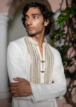 White Gold Sequin Kurta With Loose Fitted Pants