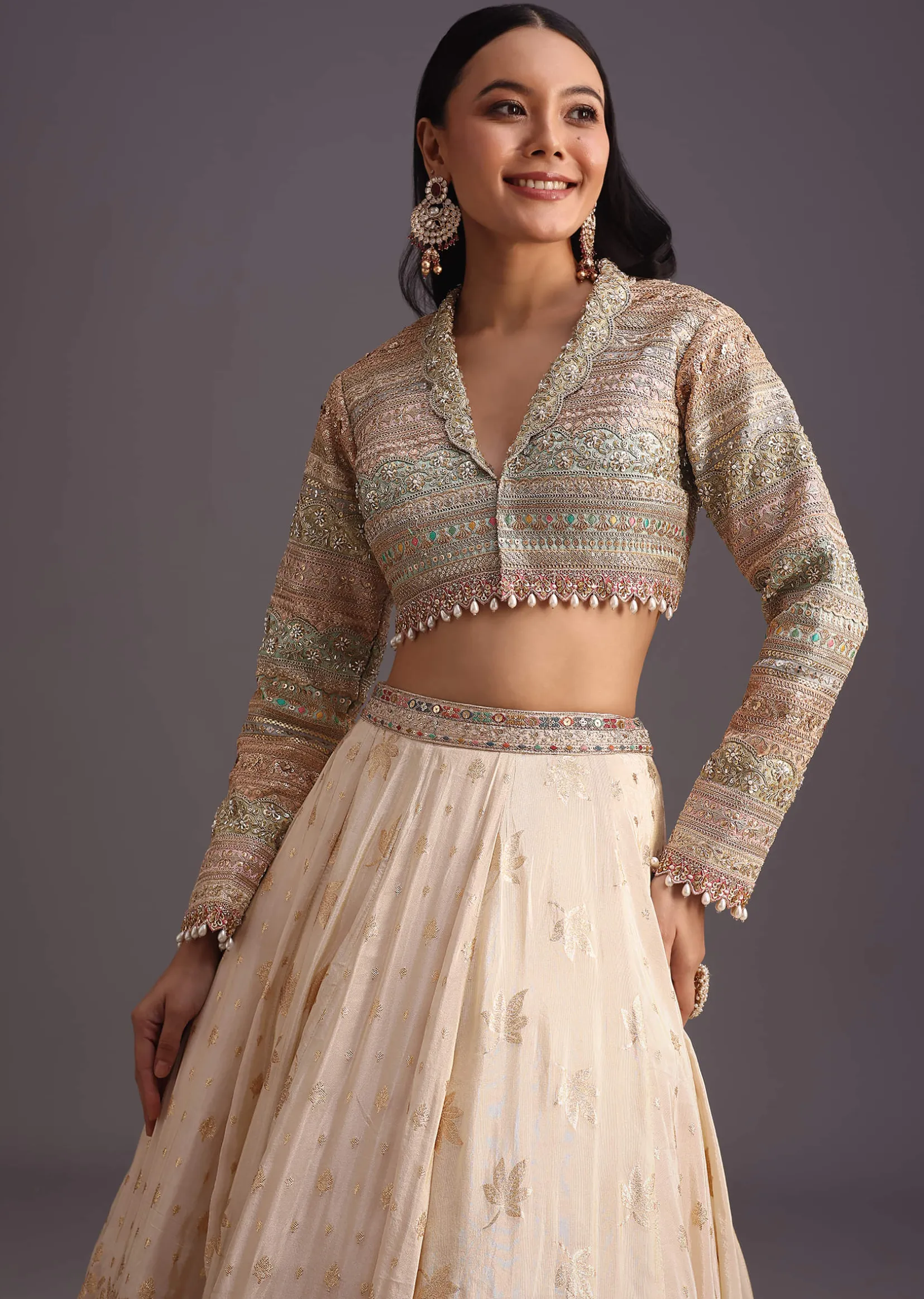 White Gotta Work Choli With Banarasi Weave Lehenga