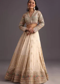 White Gotta Work Choli With Banarasi Weave Lehenga