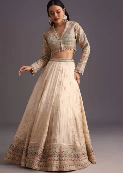 White Gotta Work Choli With Banarasi Weave Lehenga
