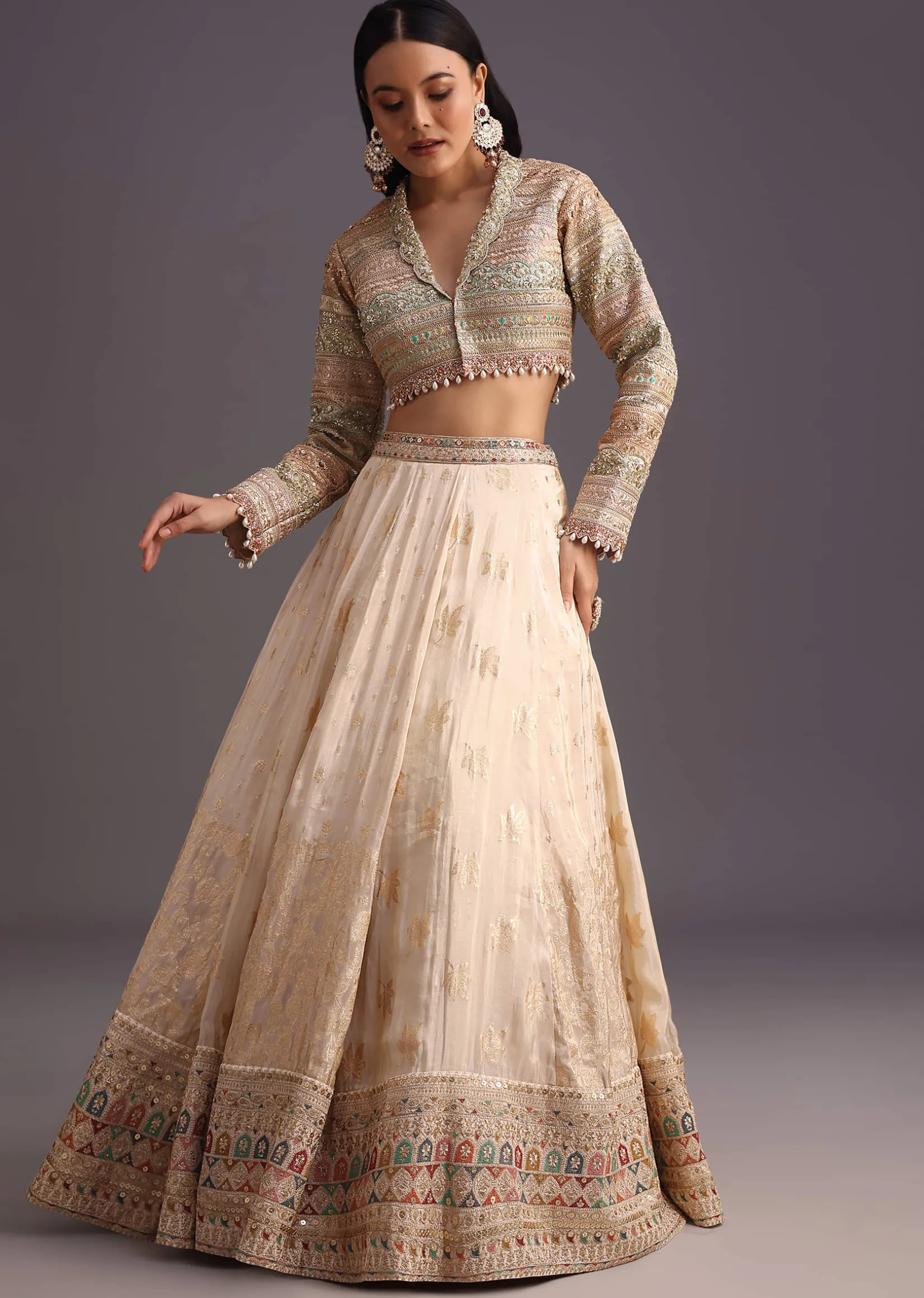 White Gotta Work Choli With Banarasi Weave Lehenga
