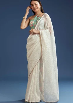 White Green Glass Tissue Sequin Embroidered Saree With Contrast Blouse