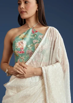 White Green Glass Tissue Sequin Embroidered Saree With Contrast Blouse