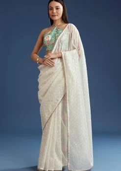 White Green Glass Tissue Sequin Embroidered Saree With Contrast Blouse