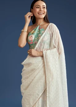 White Green Glass Tissue Sequin Embroidered Saree With Contrast Blouse