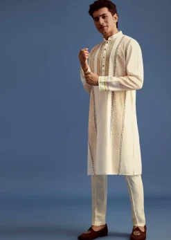 White Hand Block Printed Kurta Set With Zari Embroidery