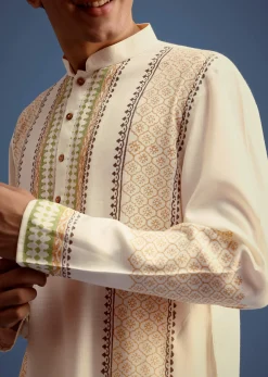 White Hand Block Printed Kurta Set With Zari Embroidery