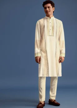 White Hand Block Printed Kurta Set With Zari Embroidery