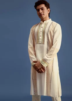 White Hand Block Printed Kurta Set With Zari Embroidery