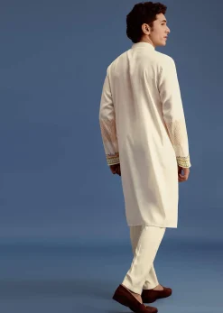 White Hand Block Printed Kurta Set With Zari Embroidery