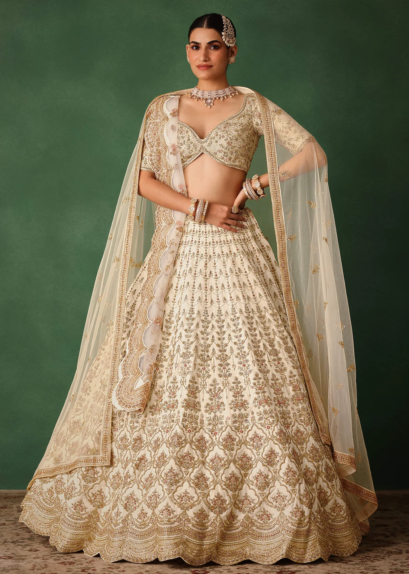 White Hand Embroidered Lehenga Set In Raw Silk