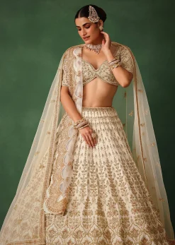 White Hand Embroidered Lehenga Set In Raw Silk