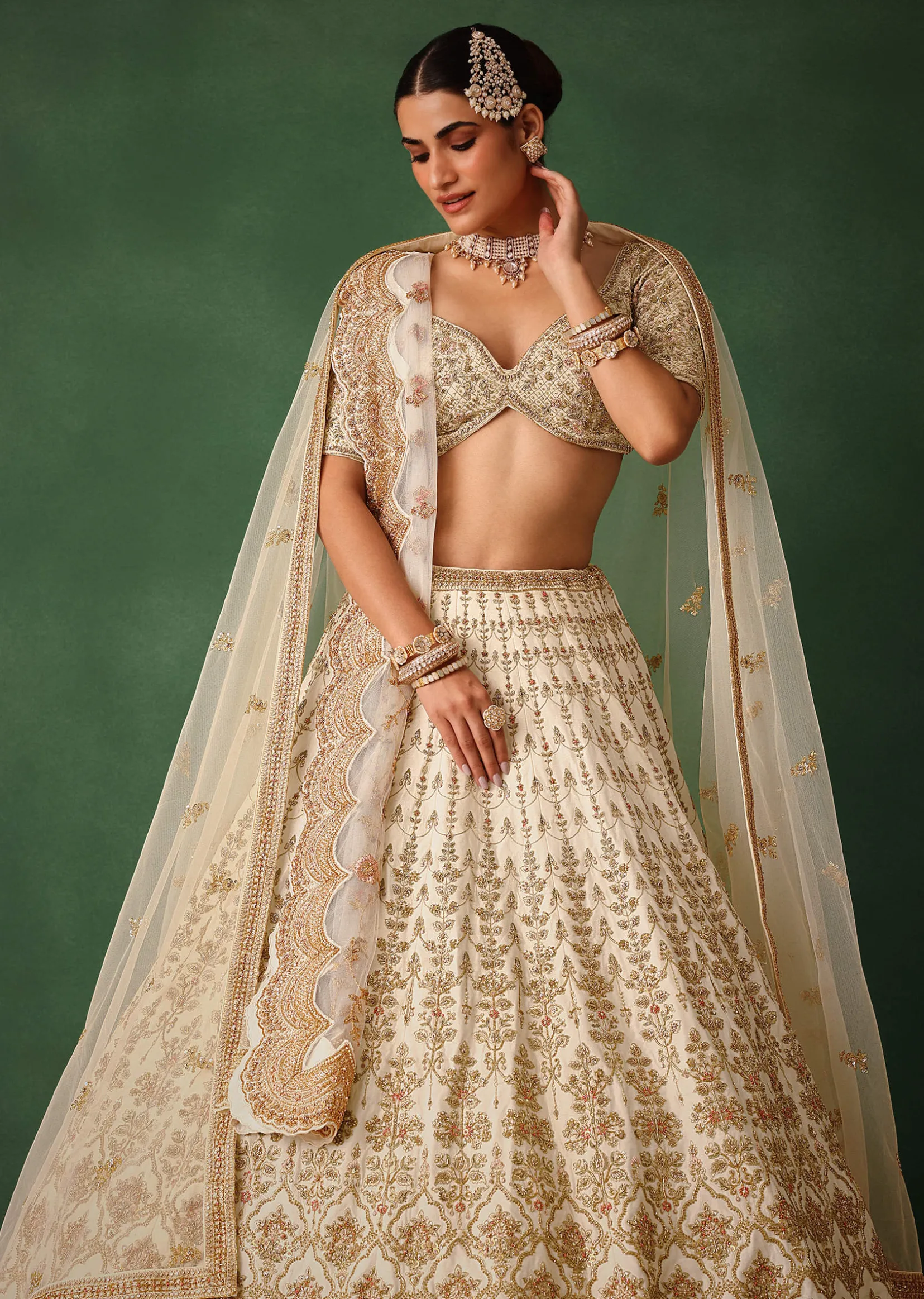 White Hand Embroidered Lehenga Set In Raw Silk