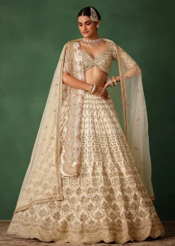 White Hand Embroidered Lehenga Set In Raw Silk