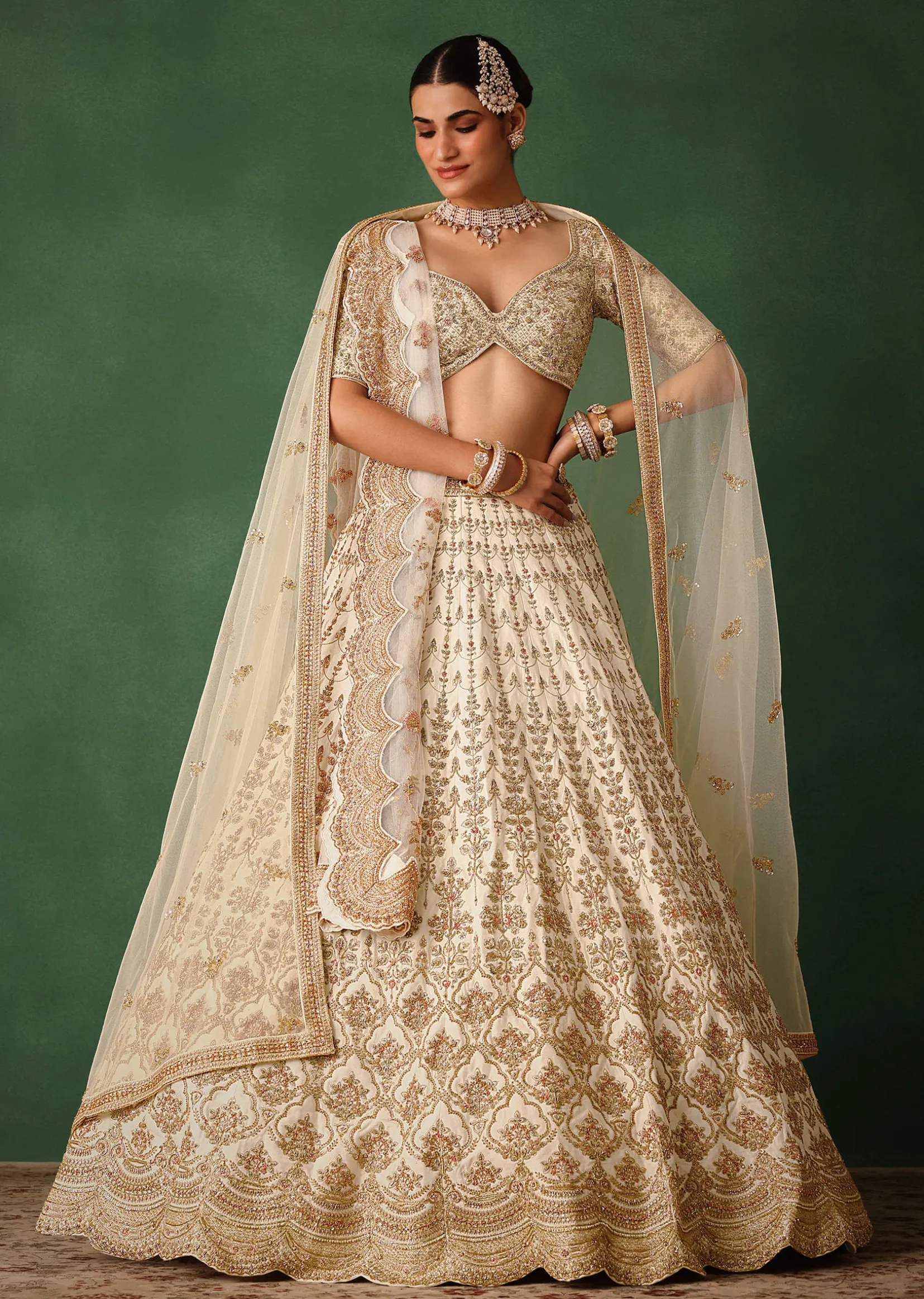 White Hand Embroidered Lehenga Set In Raw Silk