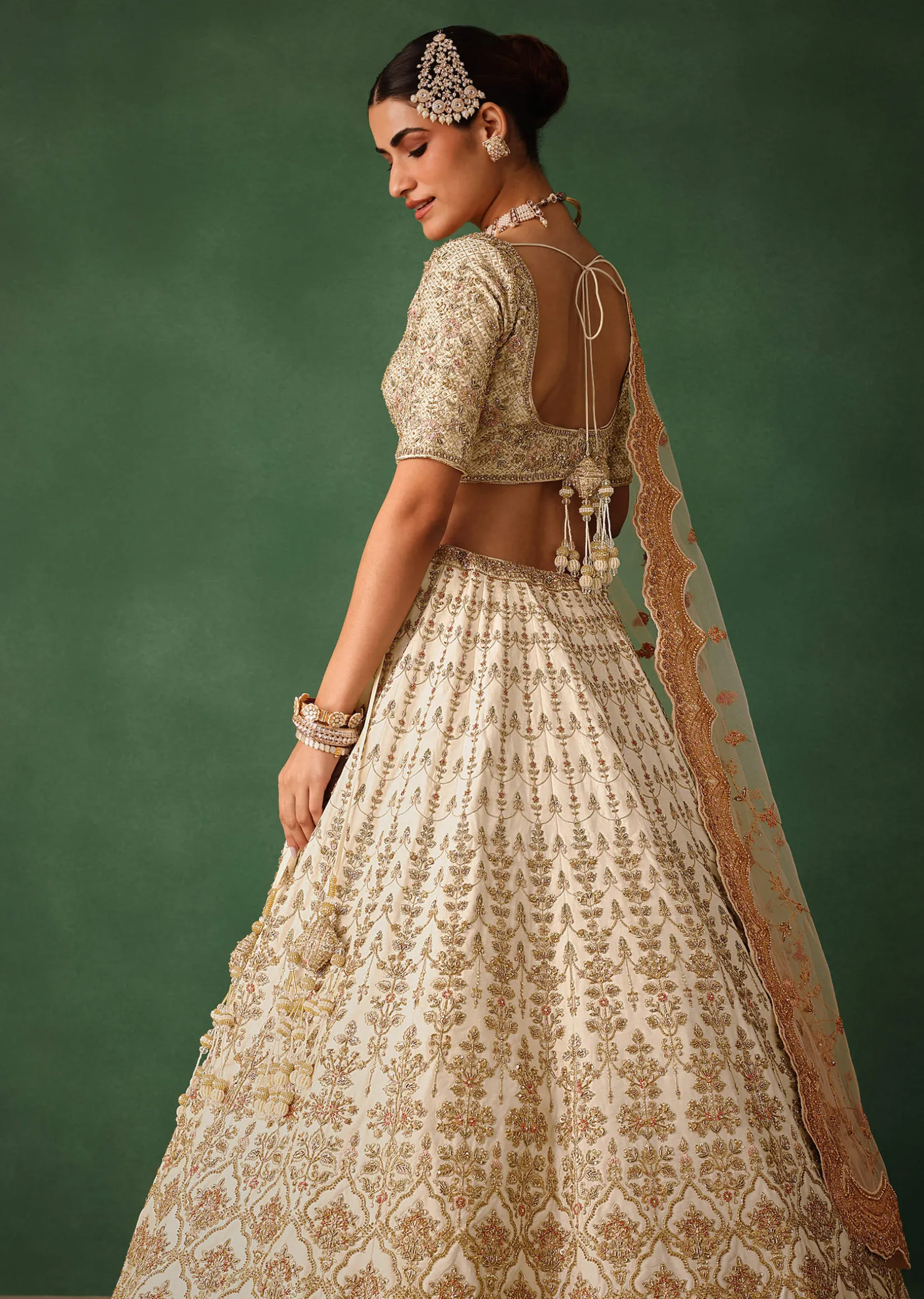 White Hand Embroidered Lehenga Set In Raw Silk