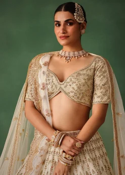 White Hand Embroidered Lehenga Set In Raw Silk