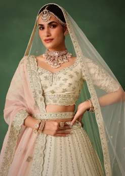 White Hand Embroidered Lehenga Set In Raw Silk With Dupatta