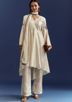 White High Low Kurta With Cut Dana Beads And Applique Work In Fuji Silk
