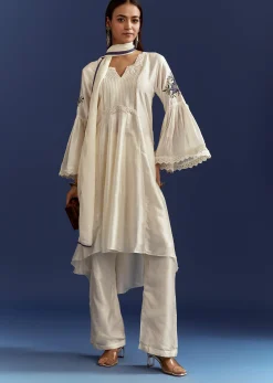 White High Low Kurta With Cut Dana Beads And Applique Work In Fuji Silk