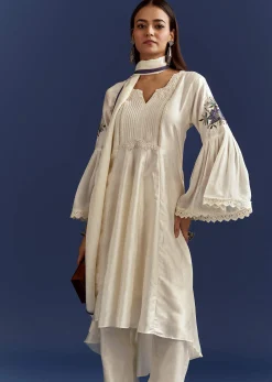 White High Low Kurta With Cut Dana Beads And Applique Work In Fuji Silk