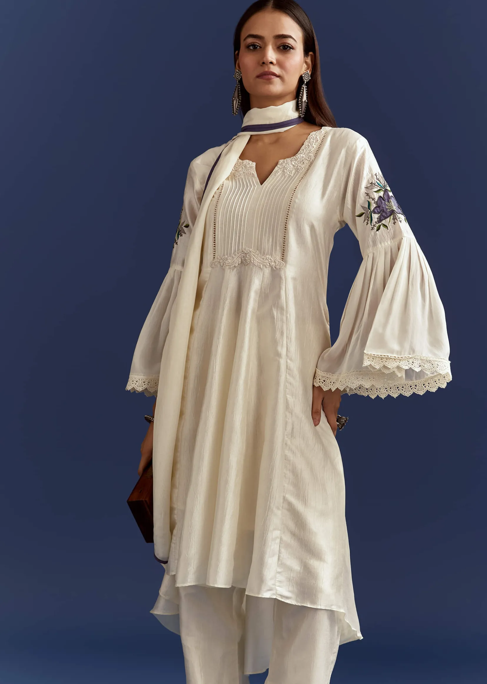 White High Low Kurta With Cut Dana Beads And Applique Work In Fuji Silk